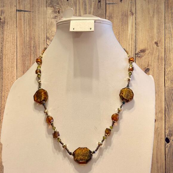 Amber & Gold Foiled Glass Beaded Artisan Necklace - Picture 6 of 7